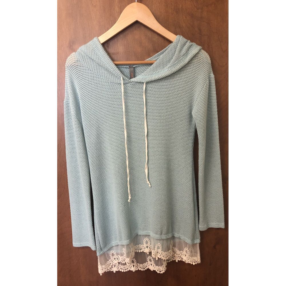 Jesse & J Womens Light Teal Green Pullover Hoodie Sweater‎ Medium M Lace